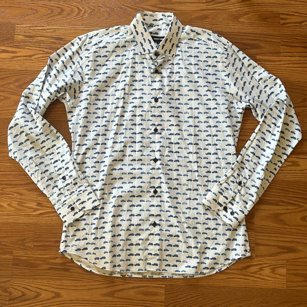 Jared Lang Blue Car Print Cotton Button Down Dress Shirt Large Unique Summer